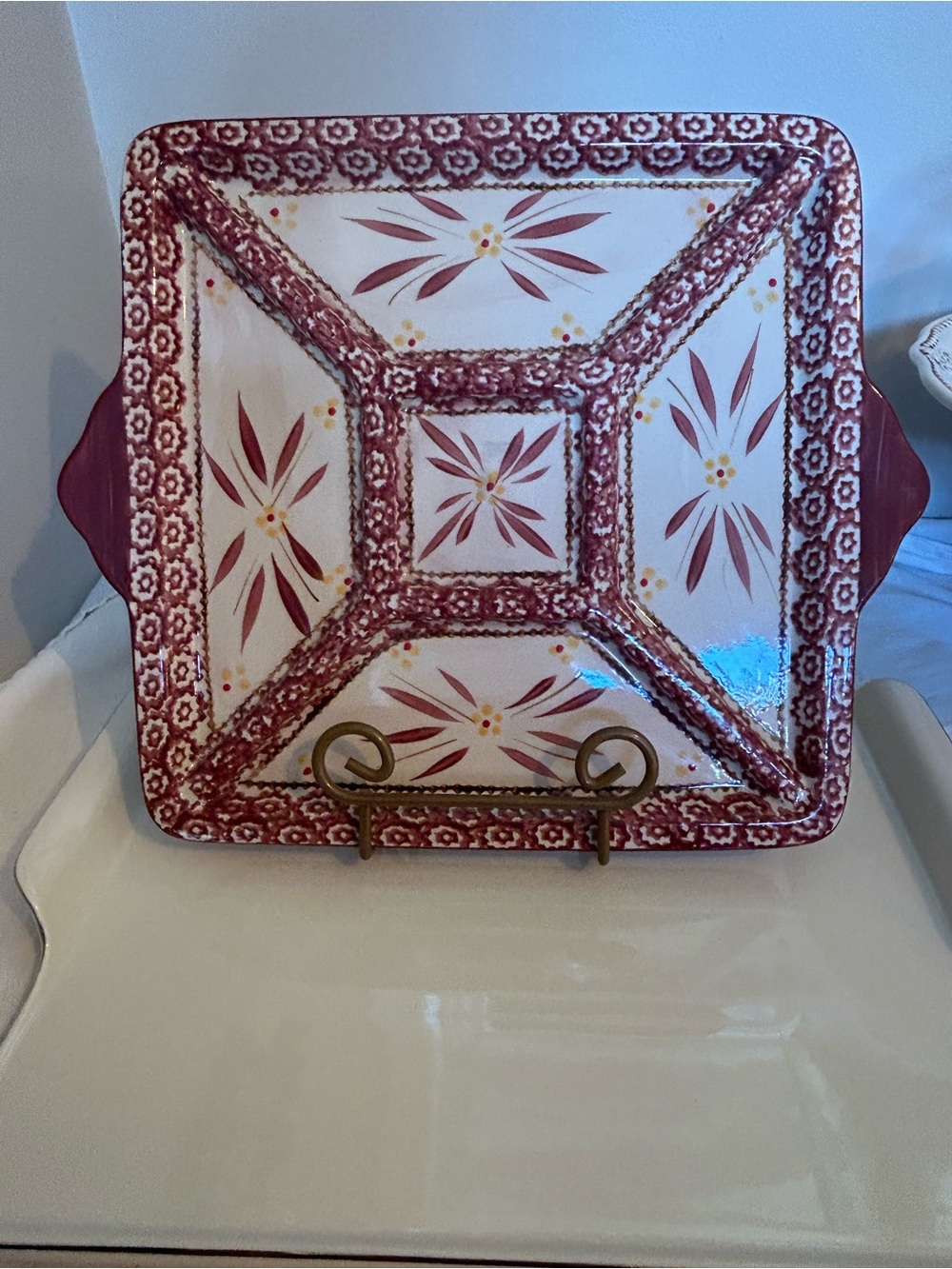 Temptations old world cranberry Square Floral Ceramic Serving Platter